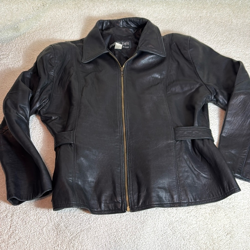 Jonathan Paris-Black Leather Coat Jacket-Buckle Detail at Waist-Vintage